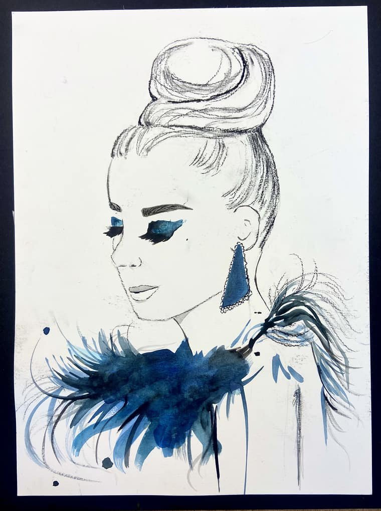 Ink and watercolor portrait of a woman with a high bun, sapphire eyeshadow and a blue feather collar