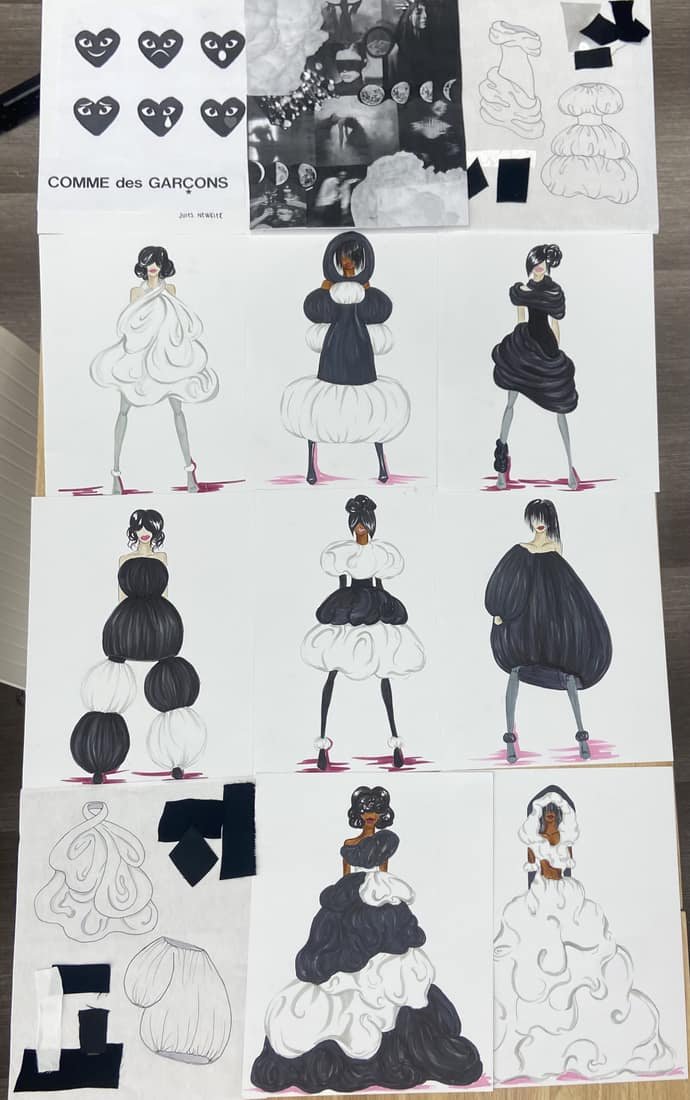 Fashion design board of sculptural black and white gowns with croquis and flats