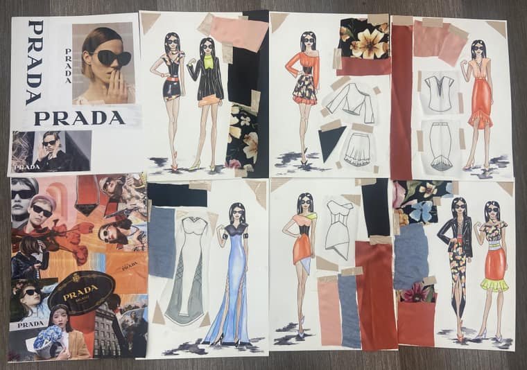 Fashion design board with croquis, fabric swatches, and flats in orange, blue, and black