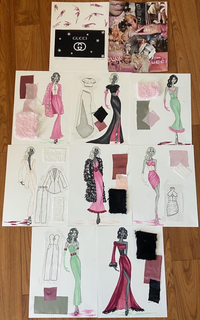 Fashion design board of pink and black eveningwear croquis with fabric swatches