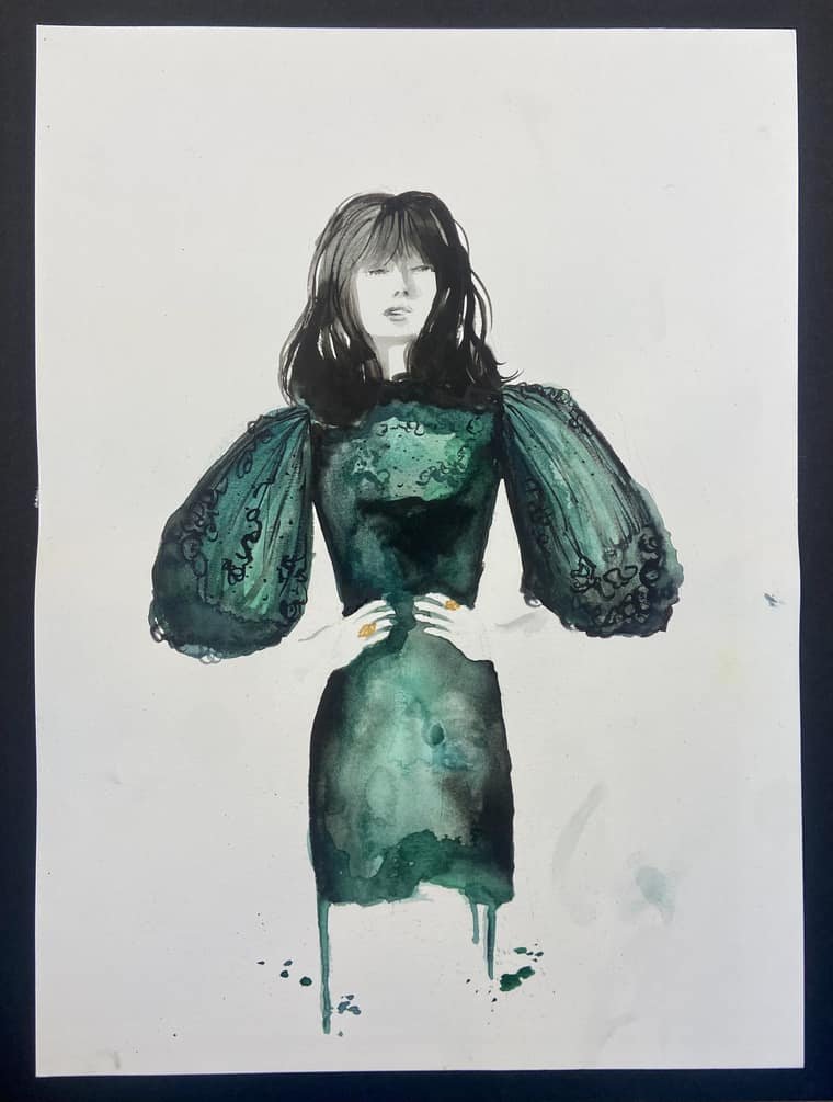 Watercolor fashion illustration of a model in an emerald dress with voluminous lace sleeves