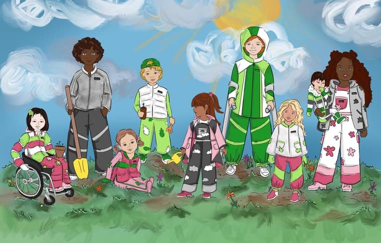 Digital illustration of a childrenswear collection in green, pink, and gray, worn by a group of kids in a garden