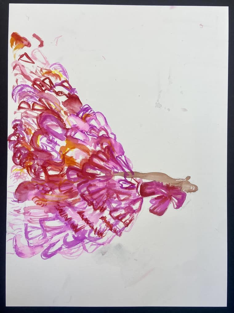 Loose watercolor gesture of a model in a sweeping fuchsia gown