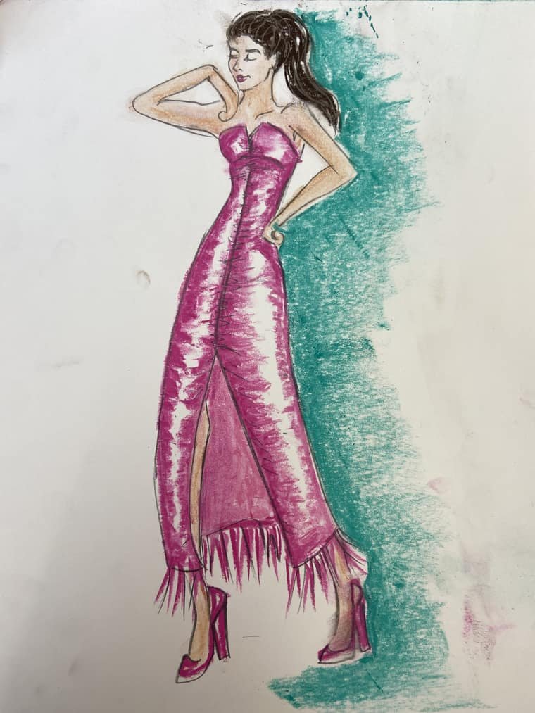 Fashion illustration of a fringed magenta column gown against a teal wash
