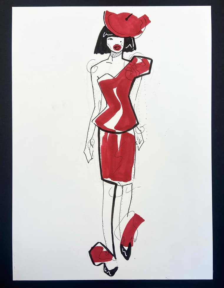 Ink fashion illustration of a model in a red one-shoulder dress and red hat