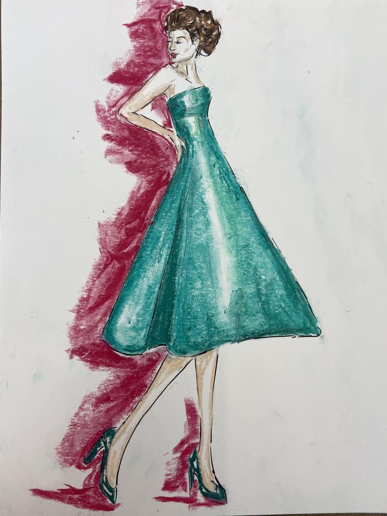 Fashion illustration of a strapless teal cocktail dress against a crimson brushstroke