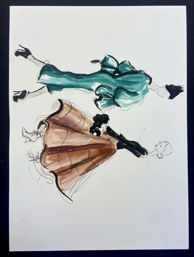 Fashion illustration of two figures, one in a teal suit and one in a full copper gown