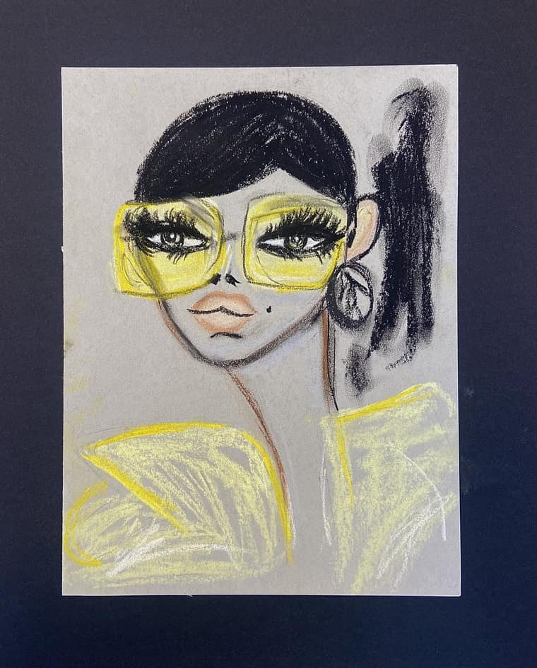 Portrait of a woman in oversized yellow sunglasses and a yellow ruffled top, drawn on gray paper